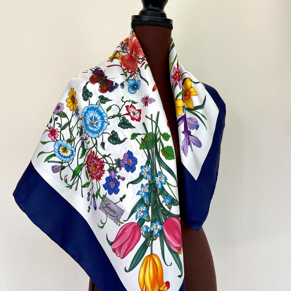 Display #1 Gucci Flora Print Blue Border Silk Scarf